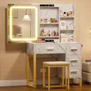 Small Vanity Desk, 35.5 Inch Compact Makeup Vanity Table with Lighted Mirror, Charging Station, 4 Drawers & Shelves, Modern Dressing Table with Upholstered Stool for Apartments