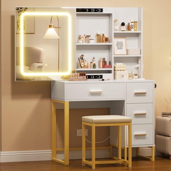 Small Vanity Desk, 35.5 Inch Compact Makeup Vanity Table with Lighted Mirror, Charging Station, 4 Drawers & Shelves, Modern Dressing Table with Upholstered Stool for Apartments
