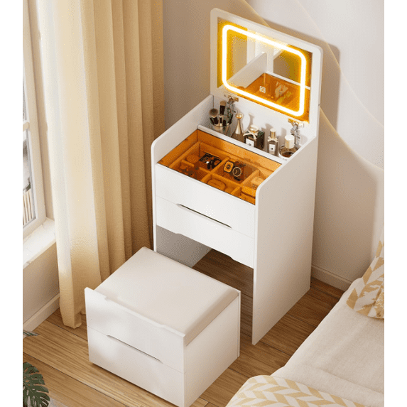 Small Vanity Desk with Flip Top Mirror and Lights, 3 in 1 Makeup Table with Glass Desktop, 3 Drawers and Stool Storage, Multifunction Dressing Table for Bedroom (White)