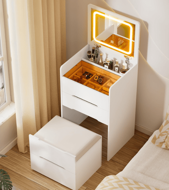 Small Vanity Desk with Flip Top Mirror and Lights 3 in 1 Makeup Table with Glass Desktop 3 Drawers and Stool Storage Multifunction Dressing Table for Bedroom White Walmart