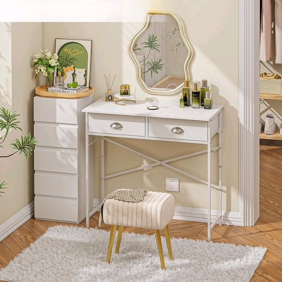 Small Vanity Desk No Mirror for Kids Bedroom, 31.5 Inch Vanity Table with Drawers, Makeup Vanity Desk for Narrow Spaces, White Dreessing Table(No Mirror)$$