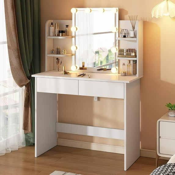 Small Vanity Desk with Mirror and Lights, 35.4in Makeup Vanity with 3 Color Adjustable Lights, Modern Dressing Table with 2 Drawers & Storage Shelves for Bedroom, White