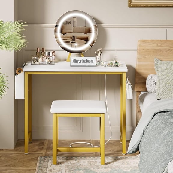 Small Vanity Desk with Mirror and Lights - Makeup Mini Girls Vanity Set Table with Chair, Power Outlet, White and Gold Compact Make Up Dressing Table for Kids Bedroom