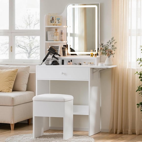 Small Vanity Desk with Mirror and Lights, Makeup Table Set with Power Outlet, Compact Vanity with Storage Drawer, Foldable Panel and Chair for Bedroom, White