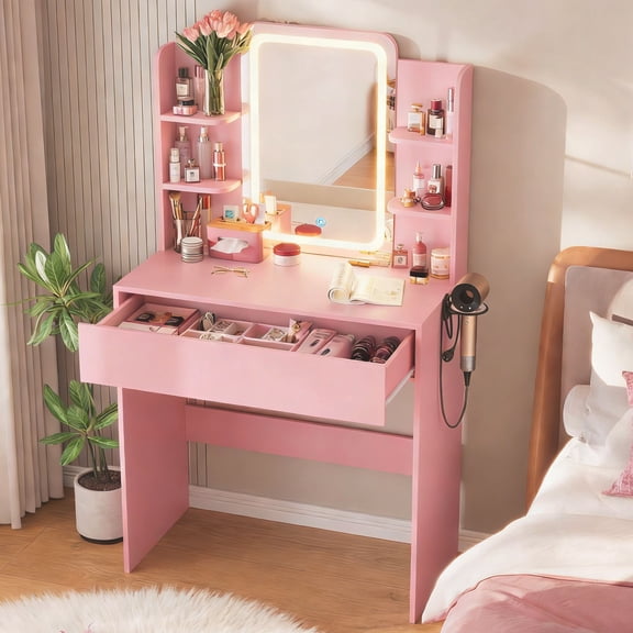 Small Vanity Desk with Mirror and Lights, Makeup Vanity Desk with Storage Drawer, Compact Dressing Table with 3-Tier Open Shelf for Girls Women Bedroom (Pink)