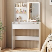 Small Vanity Desk with Mirror and Lights, Makeup Vanity with Drawer & Storage Shelves, Vanity Desk with 3 Lighting Modes & Adjustable Brightness, Dressing Table for Women Girls Bedroom,White