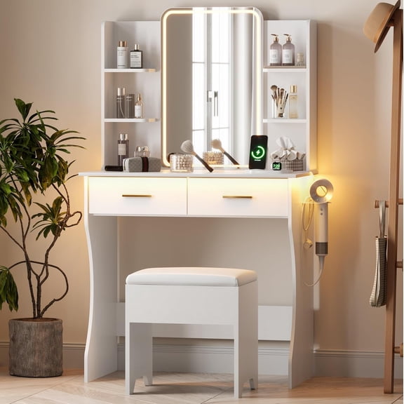 Small Vanity Desk with Mirror and Lights, Makeup Vanity with LED Lights, White Vanity Mirror with Lights Desk and Chair, 3 Lighting Adjustable Compact White Vanity Mirror with Lights for Women, Girls