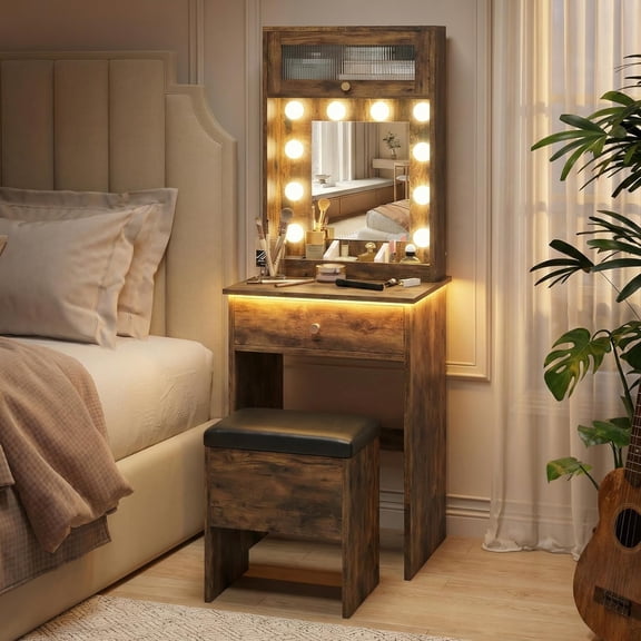 Small Vanity Desk with Mirror and Lights Rustic Small Makeup Vanity with Storage Chair Mini Makeup Table Set for Bedroom Compact Dressing Table with RGB Lights for Tiny Space