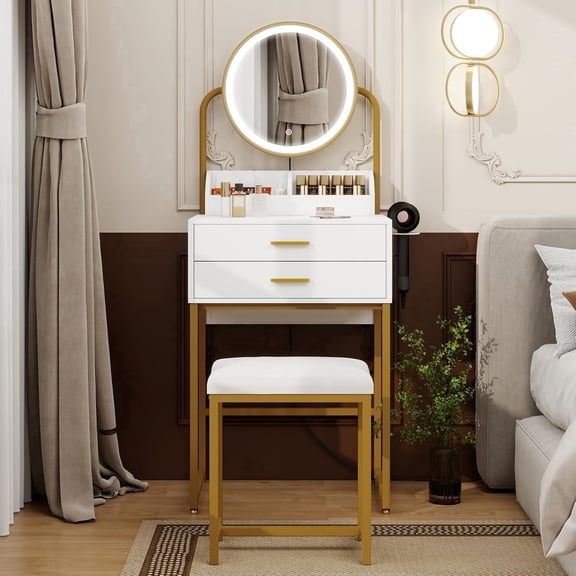 Small Vanity Desk with Mirror and Lights White Compact Makeup Vanity with Chair Modern Space-Saving Dressing Table with Drawer for Small Bedroom, Apartment