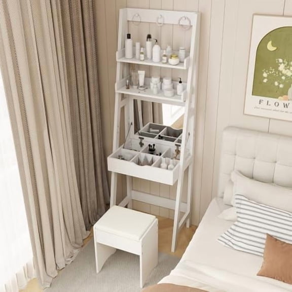 Small Vanity Desk with Mirror, Makeup Vanity Table with Flip top Mirror, Open Shelves, Hidden Storage Compartments, Compact White Bedroom Dressing Table with Stool for Small Space