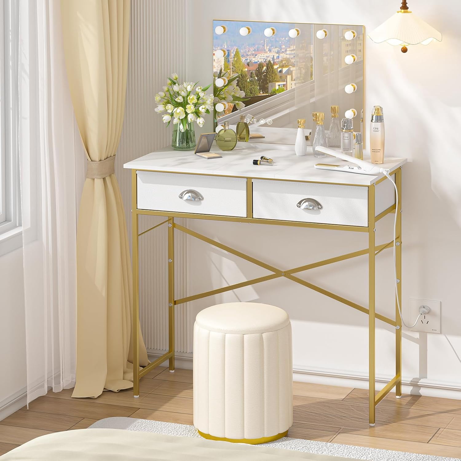slim fit dress slacks Faux Marble Tabletop Dressing Makeup Table with Mirror & Drawer Chair  Included Metal Base in Gold Small-Wehomz – WEHOMZ main image 1