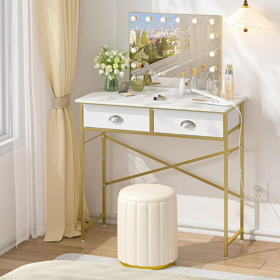 Small Vanity Desk No Mirror for Kids Bedroom, Vanity Table with Drawers, Makeup Vanity Desk for Narrow Spaces, White and Gold(No Mirror)