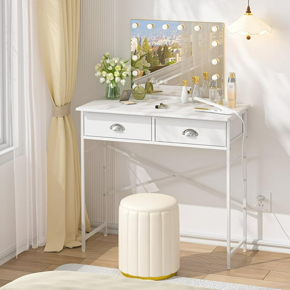 Small Vanity Desk No Mirror for Kids Bedroom, Vanity Table with Drawers, Makeup Vanity Desk for Narrow Spaces, White and Gold(No Mirror)