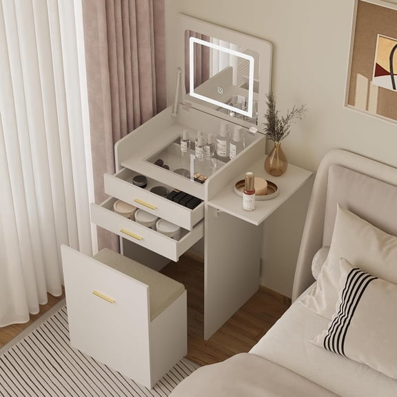 Small Vanity Desk Set with Flip-top Mirror and Lights White Integrated 3 in 1 Makeup Vanities Set for Compact Space Mini Dressing Table with Fold-up Panel and Storage Chair for Bedroom