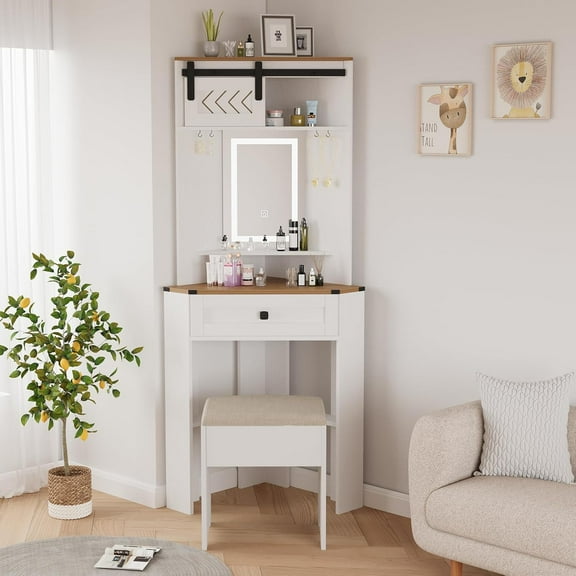 Small Vanity Desk Set with Lights and Mirror Makeup Vanities with Drawers for Corner Space White Farmhouse Make up Dressing Table with Storage Stool for Bedroom