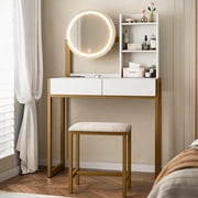 Small Vanity Desk with Stool, Vanity Desk with Mirror and Lights, Compact Vanity Dressing Table with Drawers & Power Outlet & Open Shelves, 3 Lighting Adjustable Modes, White & Gold