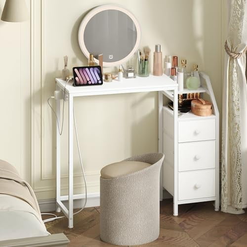 Small Vanity Desk Without Mirror, Makeup Vanity Table with Power Outlet, White Vanity with Fabric Drawers, Dressing Table, for Small Spaces, Bedroom, White$$Home Decor, Kitchen, & Other