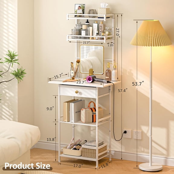 Small Vanity Desk Without Mirror, Makeup Vanity Table for Small Space, Compact White Dressing Table with Fabric Drawers, Makeup Vanity with Storage for Bedroom