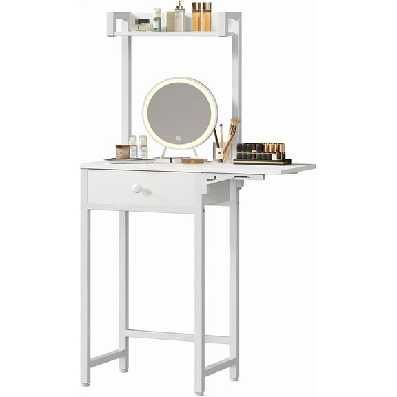 Small Vanity Desk Without Mirror, Makeup Vanity Table for Small Space, Compact White Dressing Table with Fold-up Panel and Fabric Drawer, for Bedroom, Easy Assembly, White