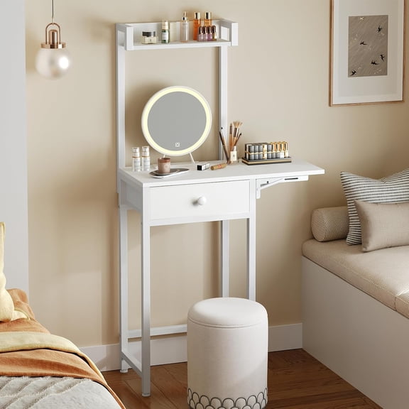 Small Vanity Desk Without Mirror, Makeup Vanity Table for Small Space, Compact White Dressing Table with Fold-up Panel and Fabric Drawer, for Bedroom, Easy Assembly, White