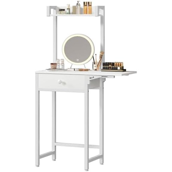 Small Vanity Desk Without Mirror, Makeup Vanity Table for Small Space, Compact White Dressing Table with Fold-up Panel and Fabric Drawer, for Bedroom, Easy Assembly, White