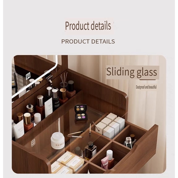Small Vanity Desk with Flip Top Mirror, 48cm Walnut Makeup Vanity Set with Visible Glass Desktop, Compact Dressing Table with 3 Drawers for Bedroom