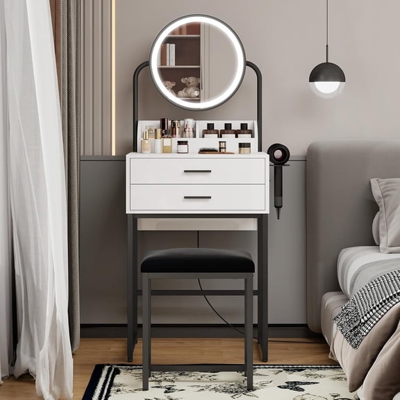 Small Vanity Desk with Lighted Mirror and Lights Compact Makeup Set with Drawers for Bedroom Mini White Modern Dressing Table with Chair