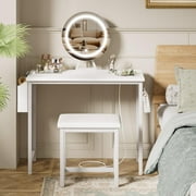 Small Vanity Desk with Mirror and Lights - Makeup Girls Vanity Set Table with Chair, Power Outlet, White Compact for Bedroom