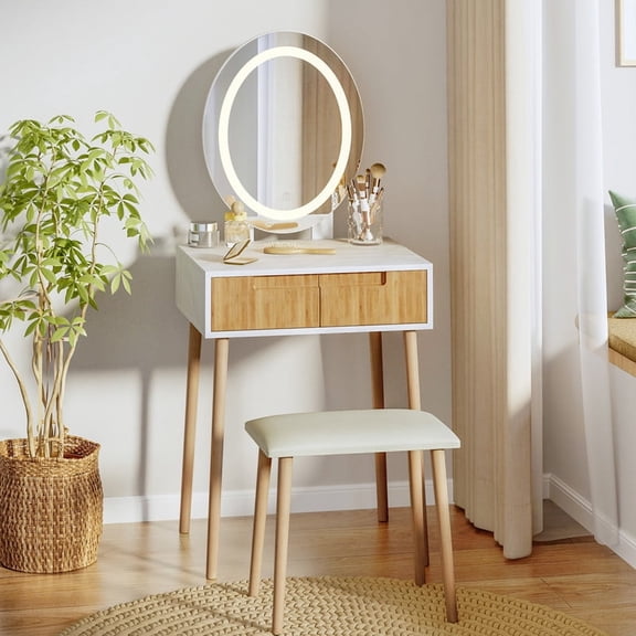 Small Vanity Desk with Mirror and Lights, Wooden Handles with Cushioned Stool