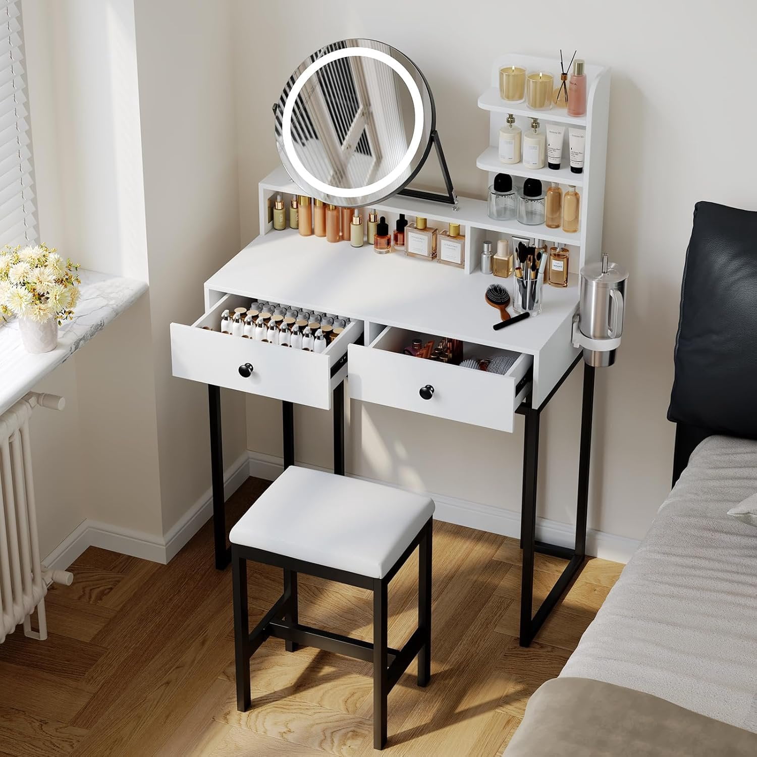 Small Vanity Desk with Mirror for Bedroom: Compact Makeup Table Set ...