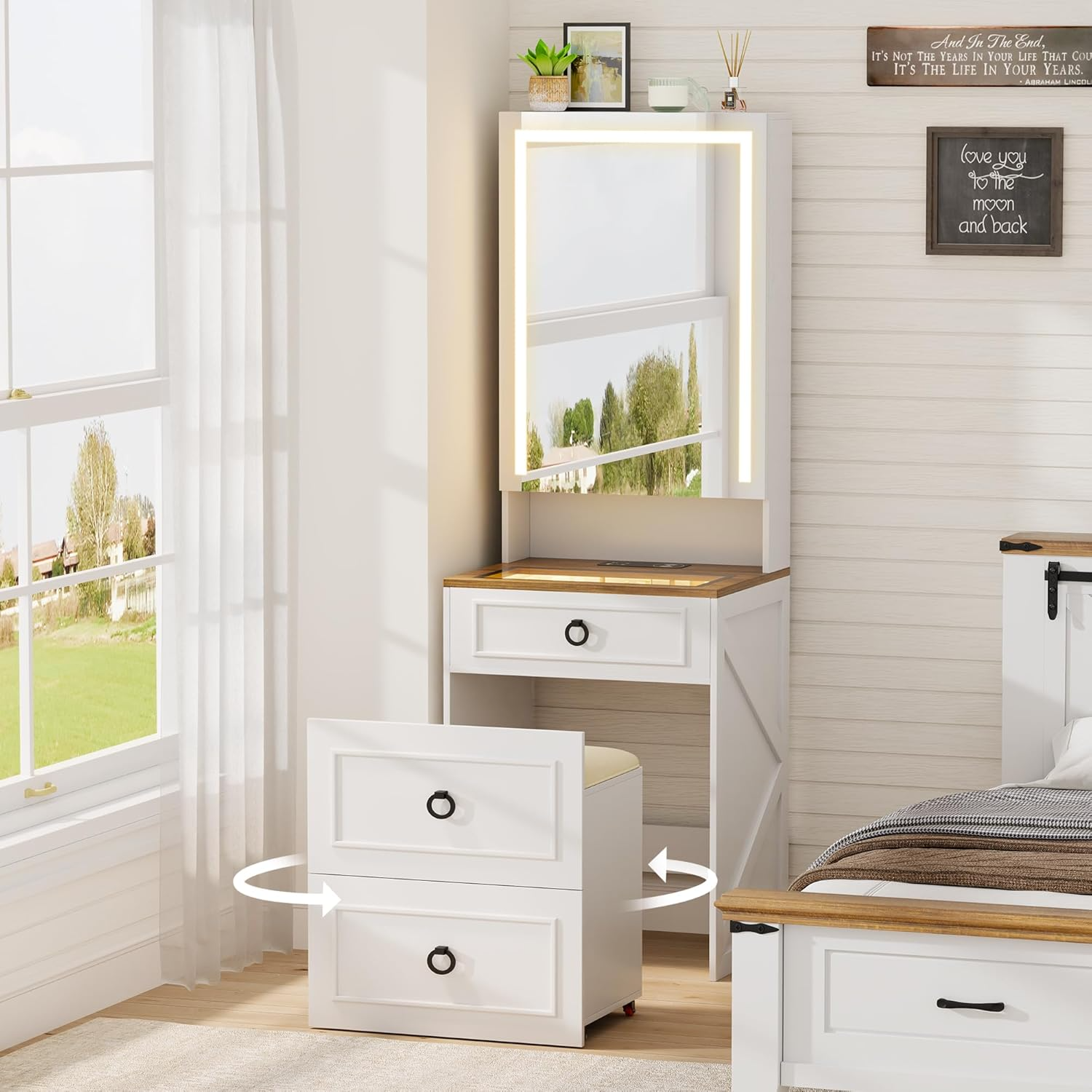 Small Vanity With Mirror And Lights Glass Top Dressing With Wheels 