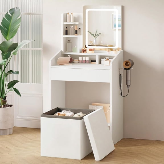 Small Vanity Set with Lighted Mirror & Power Station, 24" Modern White Makeup Desk with Storage Stool, HairDryer Rack, Smart LED 3-Color Lighting, Compact Dressing Vanity for Bedroom