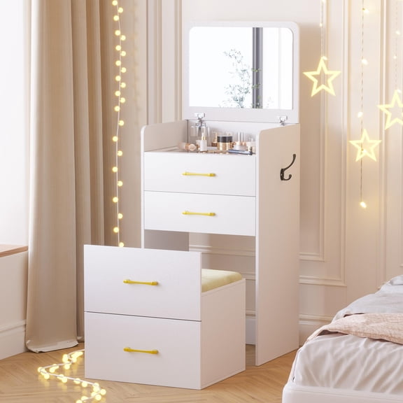 Small Vanity Set with Flip Top Mirror and Glass Tabletop, 3 in 1 Makeup Desk with Drawers, Cushioned Bench, Dressing Table for Bedroom Decor, White
