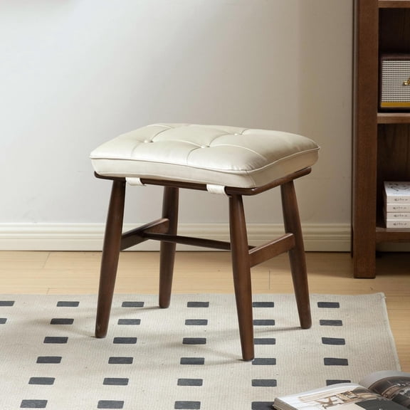 Small Vanity Stool Chair, Solid Rubber Wood Stool, Removable Seat Cushion, Fully Assembled Makeup Chair, Footstool for Bedroom, Dining Room, Entryway, Walnut, White