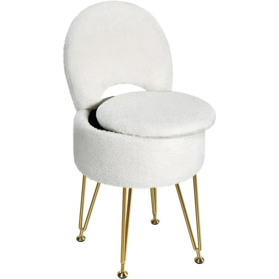Small Vanity Stool Chair with Storage and Folding Back, 13" x 13" x 17.7" Faux Fur Soft Ottoman for Teenager, 4 Metal Legs with Anti-Slip Feet, Furry Padded Seat for Makeup, Bedroom, White
