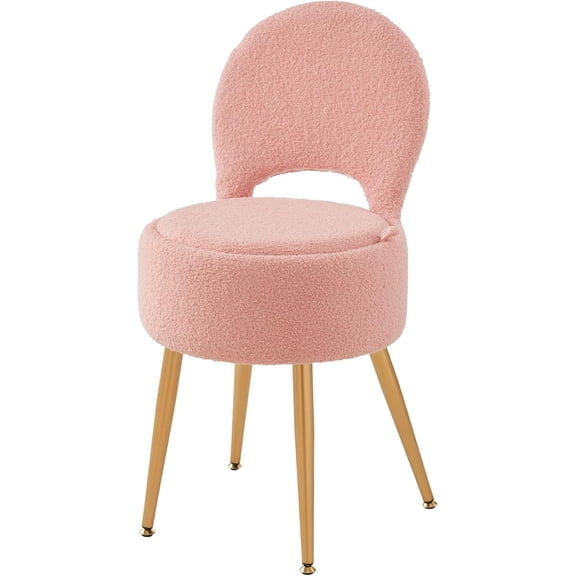 Small Vanity Stool Chair with Storage and Folding Back,4 Metal Legs with Anti-Slip Feet,Round Ottoman with Velvet Seat, Furry Padded Seat for Makeup, Bedroom (Pink, Small)