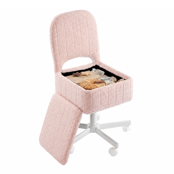 Small Vanity Stool Chair with Storage, Folding Back,Height Adjustable Comfy  Ottoman Stool with 360° Swivel,Soft Faux Fur Seat for Bedroom, Dressing Room