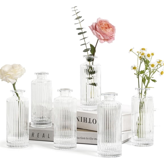Small Vases for Flowers Mini Clear Glass Bud Vases in Bulk, Mini Flower Vase, Vases for Centerpiece, Ribbed Vase Set, Wedding Table Ceterpiece, Home Decor, Housewarming Gift (Clear)