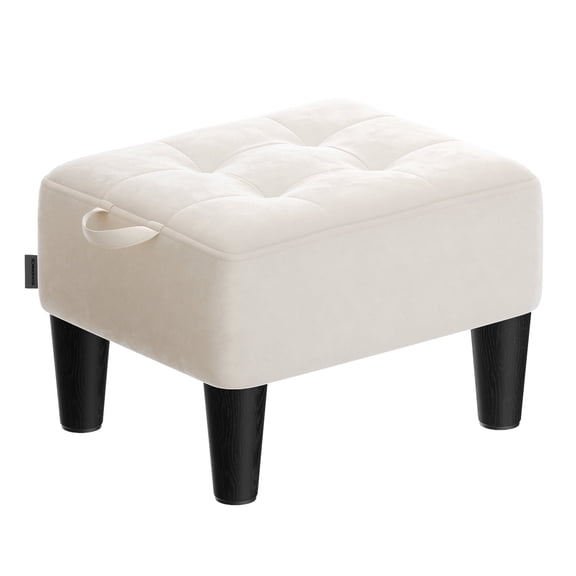 Small Velvet Ottoman Foot Stool with Angled Legs, Thick Foam Cushion, Hidden Storage & Carry Handle, for Living Room, Bedroom, Entryway, Cream White
