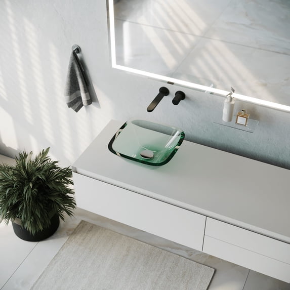 Small Vessel Glass Bathroom Sink Square Combo Set w/Modern Pop-Up Drain Clear Mini Bath Bowl Sink Space Saving Countertop Easy Install Vanity Sink Vessel Sink | Renovators Supply