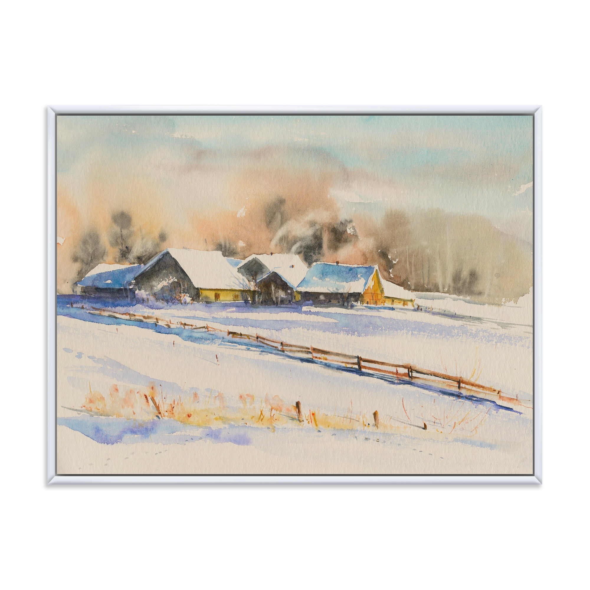 Small Village At Evening Covered With Snow' 32" x 16" Framed Painting Canvas Art Print, by Designart
