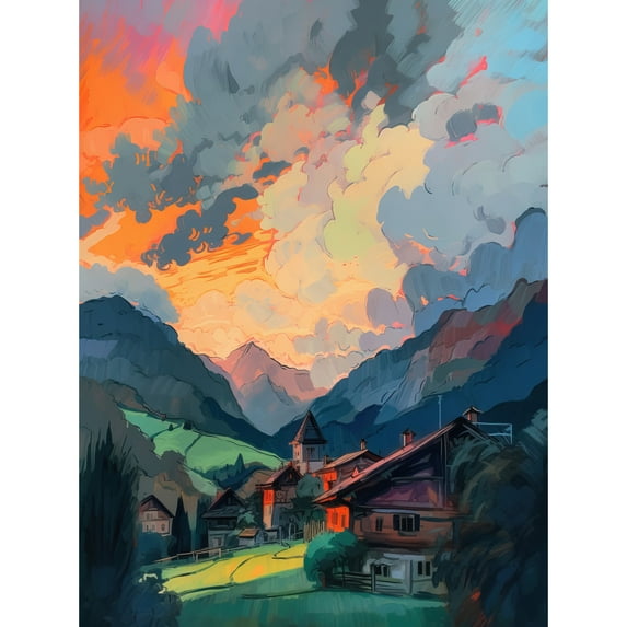 Small Village in the Alps Atmospheric Clouds Over Cabins at Dawn Modern Watercolour Painting Unframed Wall Art Print Poster Home Decor Premium