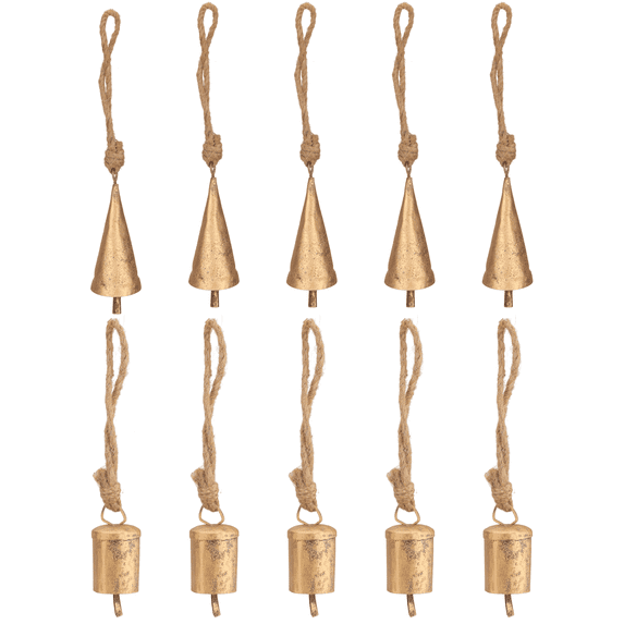 Vivanta Vintage Gold Tin Bells – Christmas Ornaments, Wind Chimes Making Bell, DIY Crafts, Farmhouse Décor – Set of 10