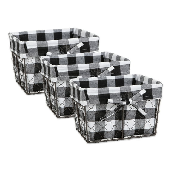 Small Vintage Grey Chicken Wire Black White Check Liner Basket (Set of 3)