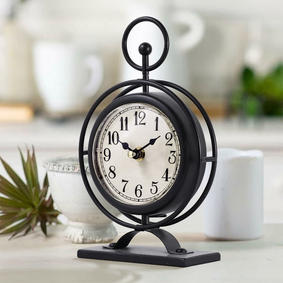 Small Vintage Metal Desk Clock, Decorative Table Clock for Living Room Decor, Silent Mantel Clock Farmhouse Shelf Decor Battery Operated, 9.5" Black