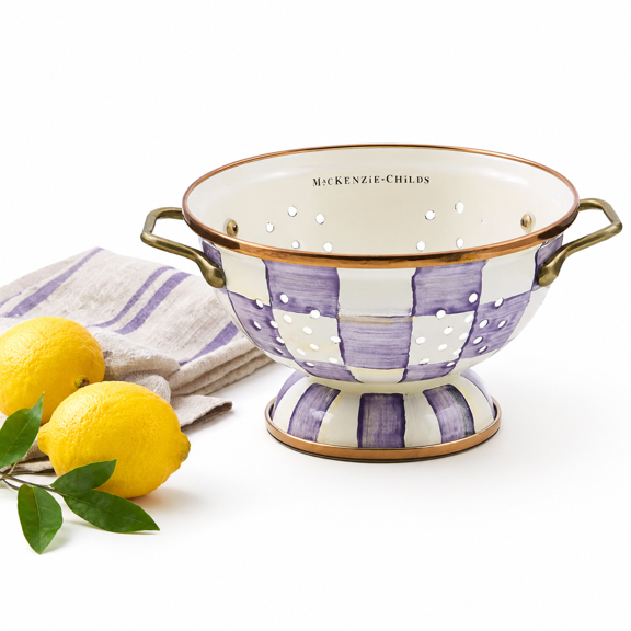 Small Violet Check Enamel Colander, Decorative Kitchen Strainer for Pasta, Fruit, and Vegetables