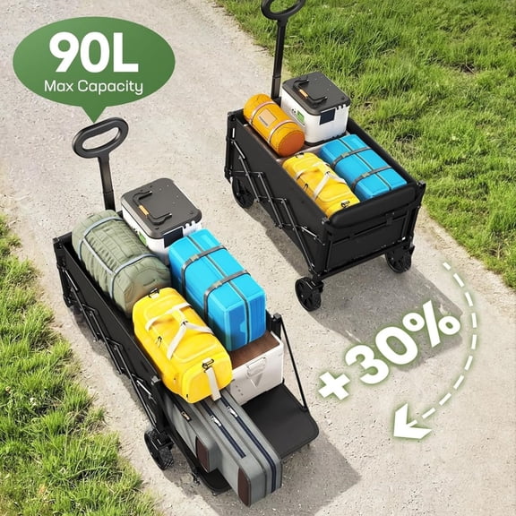Small Wagon Cart Foldable, Collapsible Wagon with 360 LBS Max Load & Expandable Storage, 90L Foldable Grocery Cart with 2 Cup Holders for Outdoor, Garden, Camping &Groceries-Black