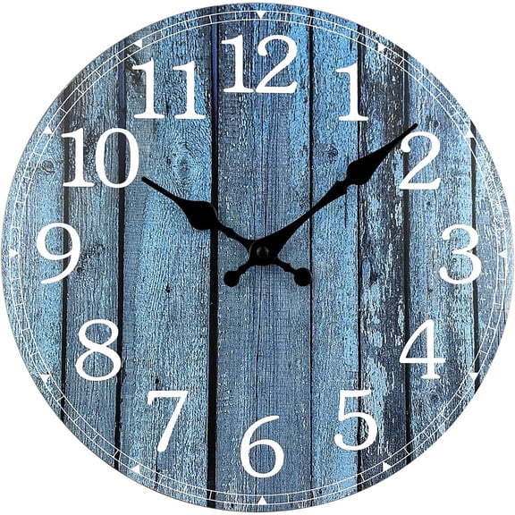 Small Wall Clock, 10'' Frameless Wooden Wall Clocks with Silent Quartz Movement, Rustic Coastal Country Village Clocks Decorative for Kitchen Bedroom Living Room, Blue