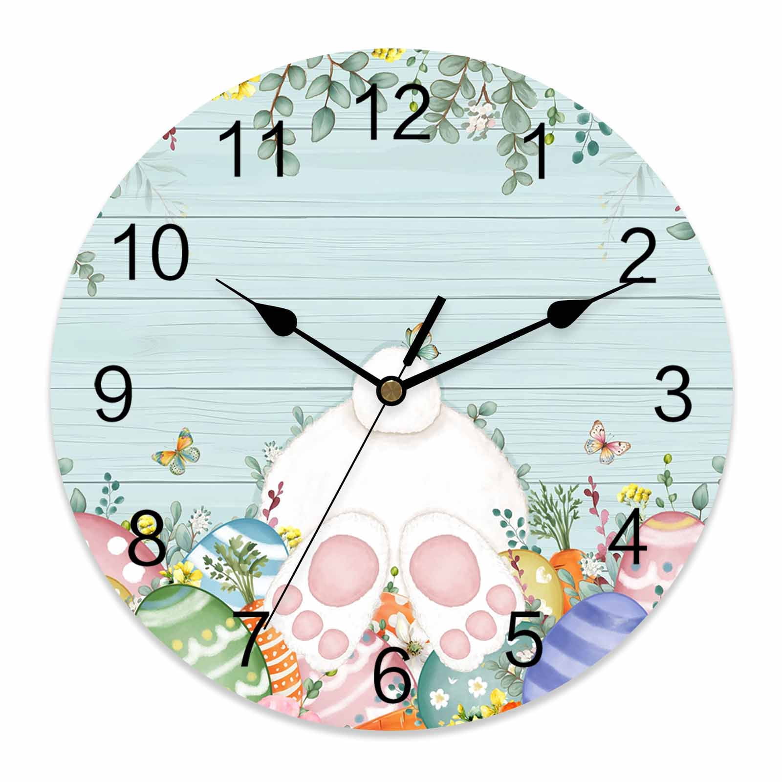 Eastern Rabbit Clock Small Wall Clock 10 Inch Easter Bunny Tails Round Silent Decorative ...
