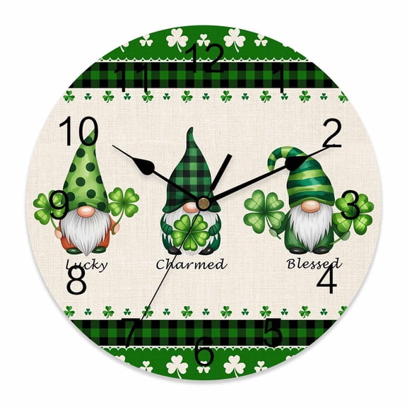 Small Wall Clock 10 Inch Gnomes St. Patrick's Day Round&nbsp;Silent Decorative Wall Clocks Battery Operated for Living Room Bedroom Kitchen Classroom Decor, Lucky Charmed Blessed Linen